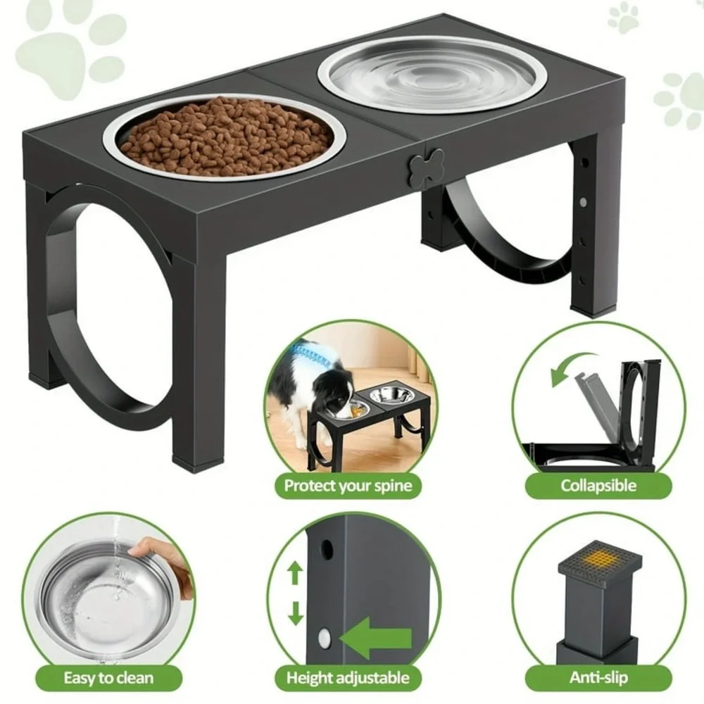 Adjustable Pink Elevated Dog Bowl Stand with Stainless Steel Bowls